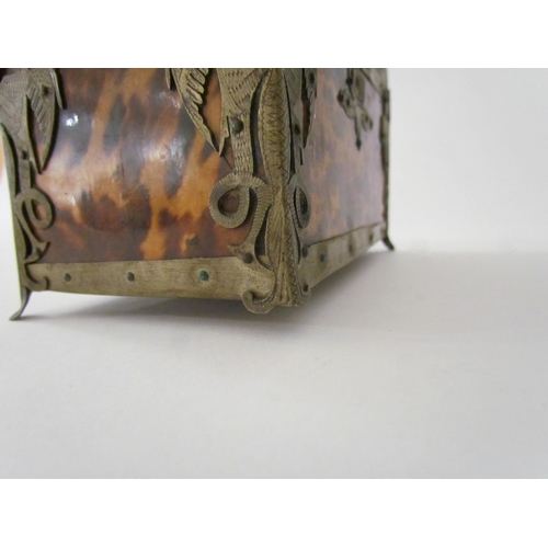 7514 - A 19th Century tortoiseshell dome top metal bound casket, 14cm x 12cm x 8cm, one foot missing