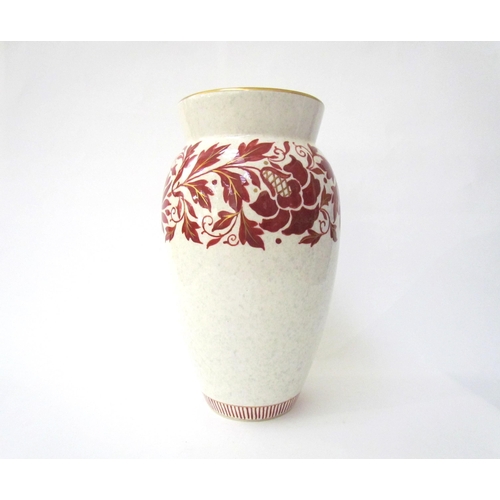 7517 - A Charlotte Rhead for Bursley Ware vase, mottled white with red foliage design enriched with gilt, T... 