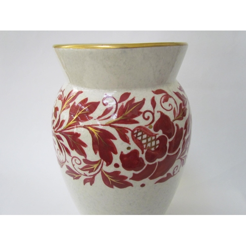 7517 - A Charlotte Rhead for Bursley Ware vase, mottled white with red foliage design enriched with gilt, T... 