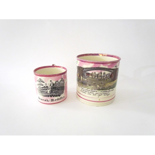 7522 - Two 19th Century Sunderland lustre mugs including 'West view of Iron Bridge near Sunderland', 12cm t... 