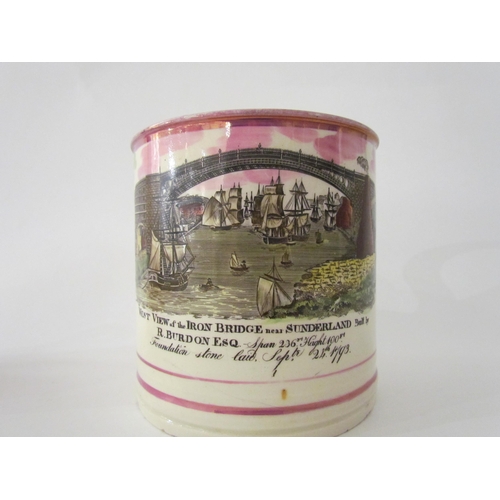 7522 - Two 19th Century Sunderland lustre mugs including 'West view of Iron Bridge near Sunderland', 12cm t... 