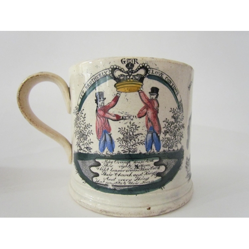 7523 - Two 19th Century mugs: A 19th Century Staffordshire pearlware transfer printed Orange Order commemor... 