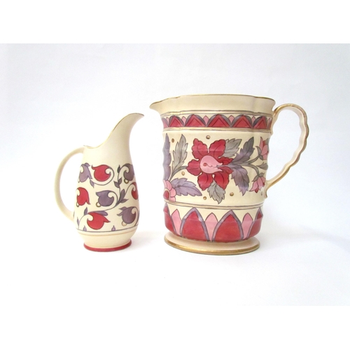 7525 - Two unmarked/stamped Charlotte Rhead jugs both for Crown Ducal, one with Persian Rose pattern the ot... 