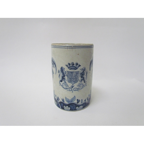 7529 - Two 19th Century or earlier Delft items, tankard with armorial crest, 14cm high, vase with figural s... 