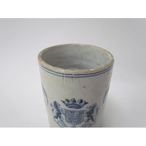 7529 - Two 19th Century or earlier Delft items, tankard with armorial crest, 14cm high, vase with figural s... 