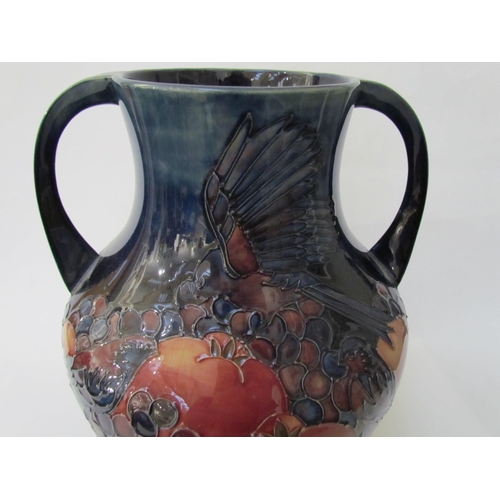 7541 - A Moorcroft Finch and Berries on blue large twin handled vase, 34cm tall  (R)  £350 NEXT SPECIAL