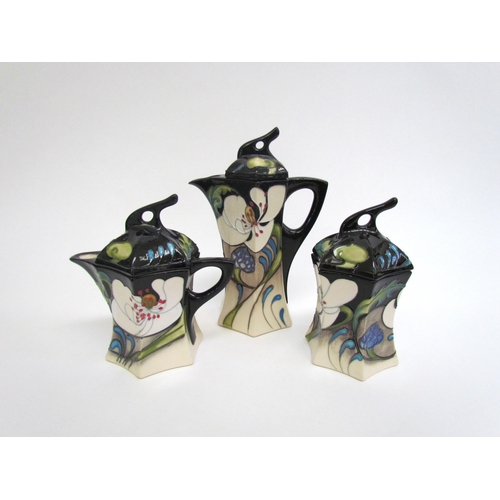 7553 - A Moorcroft Au Lait three piece coffee set, coffee pot, lidded cream jug and lidded sucrier, 17cm ta... 