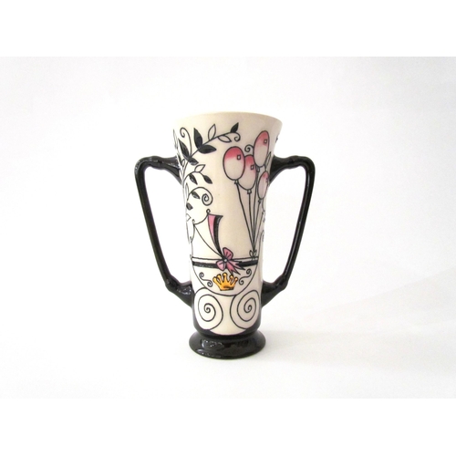 7570 - A Moorcroft Royal Joy Princess Charlotte design twin handled vase designed by Nicola Slaney, 15.5cm ... 