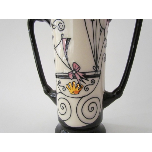 7570 - A Moorcroft Royal Joy Princess Charlotte design twin handled vase designed by Nicola Slaney, 15.5cm ... 