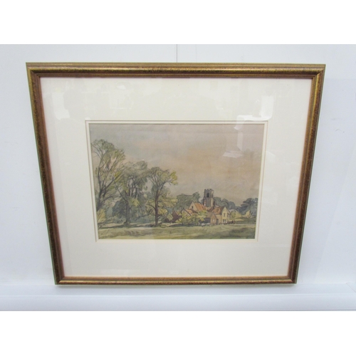 7584 - FREDERICK WILLIAM BALDWIN (1899-1984): A watercolour of tree-lined field, Three Horseshoes pub and c... 