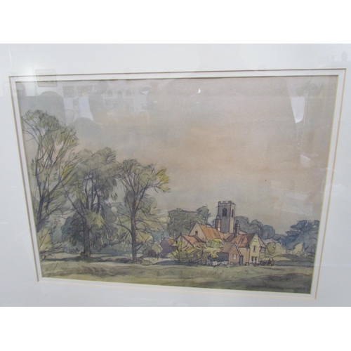 7584 - FREDERICK WILLIAM BALDWIN (1899-1984): A watercolour of tree-lined field, Three Horseshoes pub and c... 