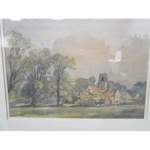 7584 - FREDERICK WILLIAM BALDWIN (1899-1984): A watercolour of tree-lined field, Three Horseshoes pub and c... 