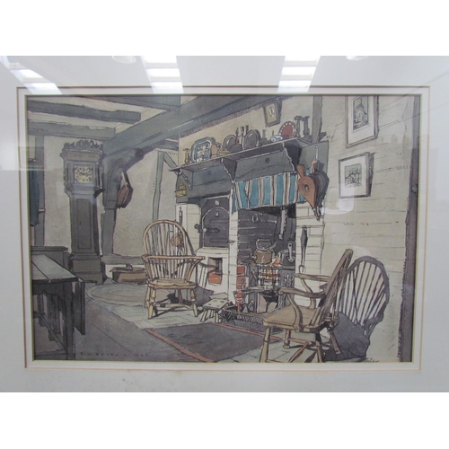 7585 - FREDERICK WILLIAM BALDWIN (1899-1984): A watercolour of country house interior, inglenook fireplace ... 