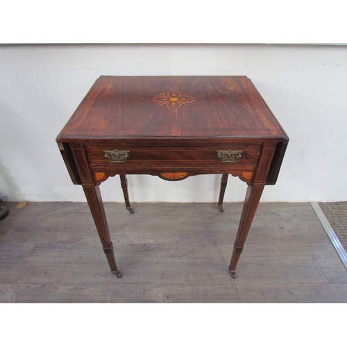 7587 - A late Victorian inlaid rosewood drop flap side table on castors, 22cm x 57cm x 42cm