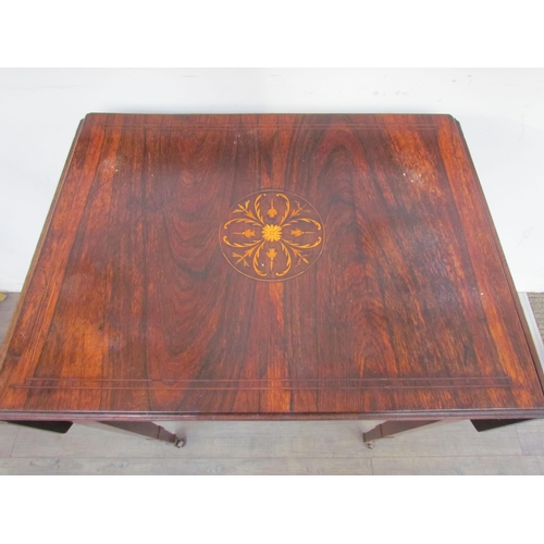 7587 - A late Victorian inlaid rosewood drop flap side table on castors, 22cm x 57cm x 42cm