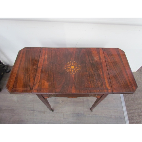 7587 - A late Victorian inlaid rosewood drop flap side table on castors, 22cm x 57cm x 42cm