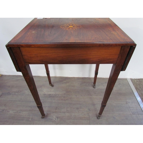 7587 - A late Victorian inlaid rosewood drop flap side table on castors, 22cm x 57cm x 42cm