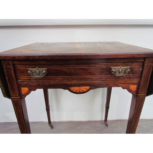 7587 - A late Victorian inlaid rosewood drop flap side table on castors, 22cm x 57cm x 42cm