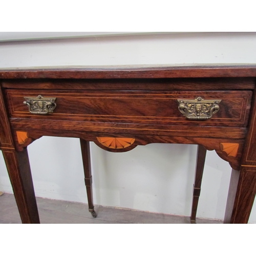 7587 - A late Victorian inlaid rosewood drop flap side table on castors, 22cm x 57cm x 42cm