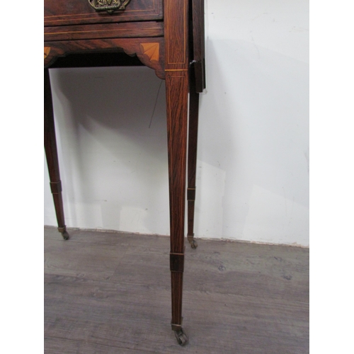 7587 - A late Victorian inlaid rosewood drop flap side table on castors, 22cm x 57cm x 42cm