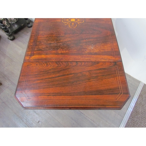 7587 - A late Victorian inlaid rosewood drop flap side table on castors, 22cm x 57cm x 42cm