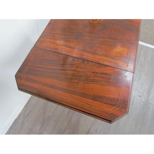 7587 - A late Victorian inlaid rosewood drop flap side table on castors, 22cm x 57cm x 42cm