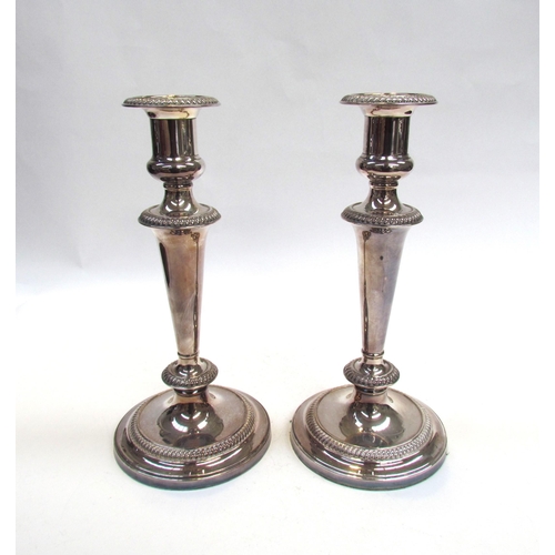 7593A - A pair of silver plate on copper candlesticks, circular gadrooned bases, 27cm high  (E)  £50-80