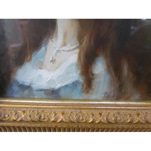 7597 - An unsigned oil on board portrait of a young woman with red hair, set in an ornate gilt frame and gl... 