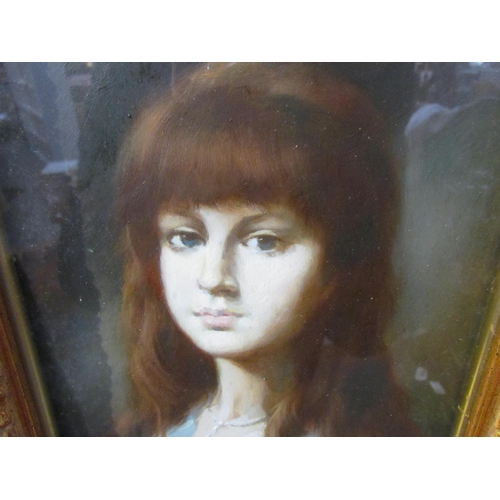 7597 - An unsigned oil on board portrait of a young woman with red hair, set in an ornate gilt frame and gl... 