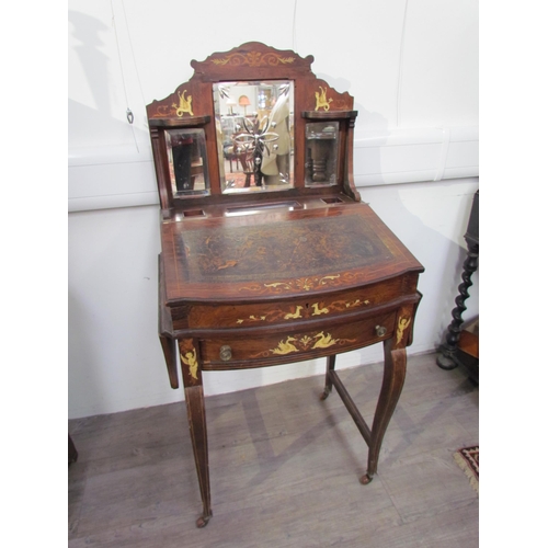 7599 - A 19th Century rosewood veneer desk inlaid with scrolled marquetry including ivory, cut glass mirror... 