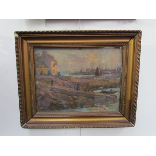 7601 - GEORGES EDMOND DARGOUGE (1897-1990): An oil of French harbour scene, figures on slope, signed lower-... 