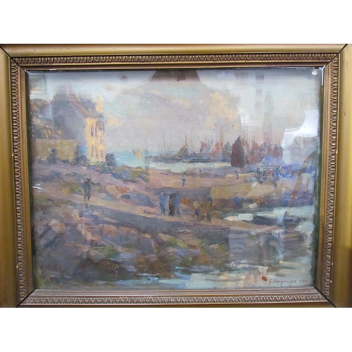 7601 - GEORGES EDMOND DARGOUGE (1897-1990): An oil of French harbour scene, figures on slope, signed lower-... 