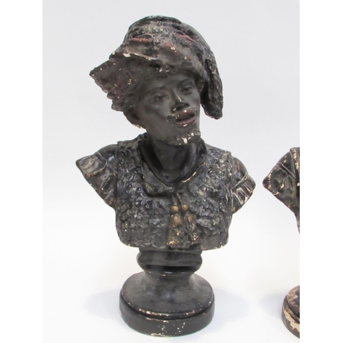 7003 - A pair of French plaster bust depicting Arabian figures, paint flaking, approx 33cm tall