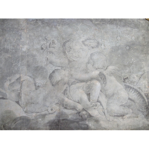 7017 - A sectional grey monotone painting of cherubs in gilt domed frame, watercolour, water damage present... 