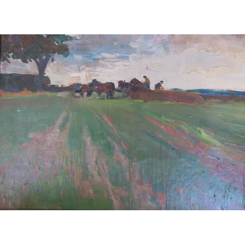 7023 - Two 20th Century oil on boards rural landscapes, field with trees and field with farm workers and ho... 