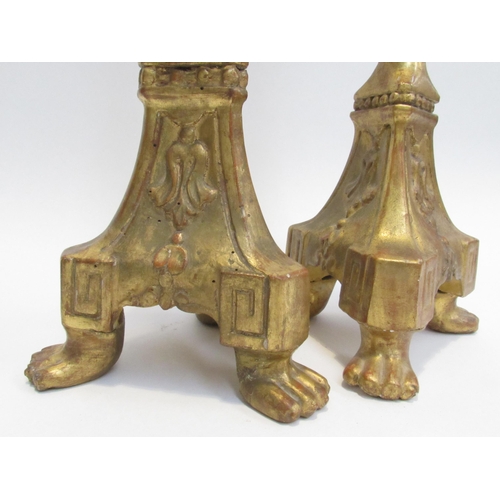 7026 - A pair of late 19th Century gilded wood pricket candlesticks, 47cm tall