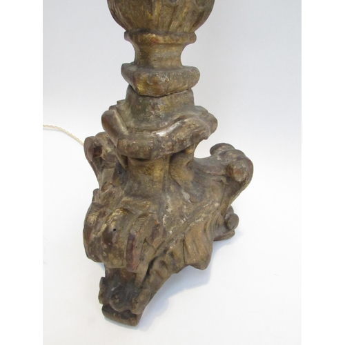 7027 - An 19th Century gilded wood pricket candlesticks converted to electricity with weighted lead to base... 