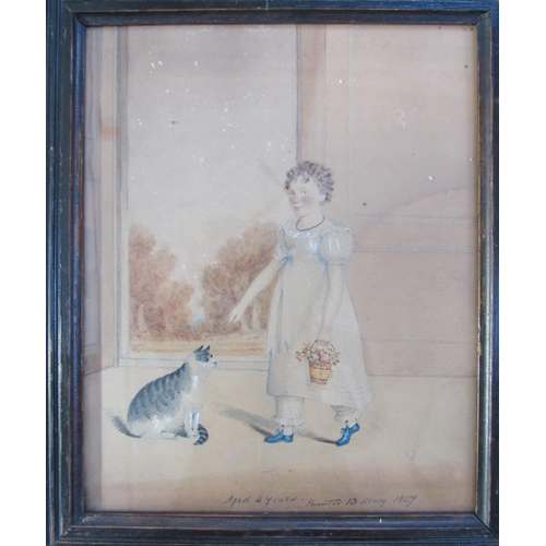 7036 - A George IV Regency watercolour depicting girl aged 4 years with cat by open door, painted 13 May 18... 