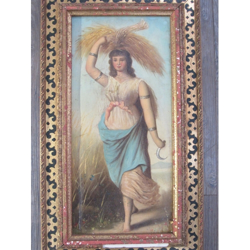 7038 - A late 19th Century oil painting depicting female bringing in the corn with sickle, frame, a/f, 43cm... 