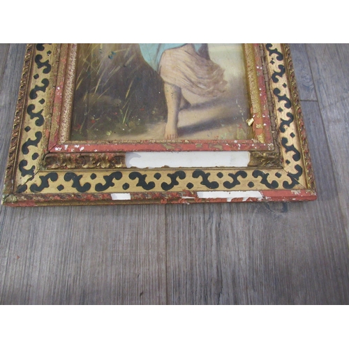 7038 - A late 19th Century oil painting depicting female bringing in the corn with sickle, frame, a/f, 43cm... 