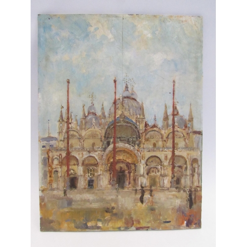 7041 - A naïve oil on panel depicting the Piazza San Marco, Venice. The panel has a split running from top ... 