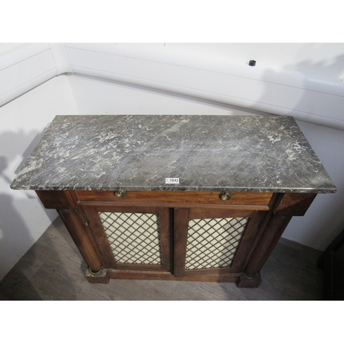 7042 - A late 19th Century marble top sideboard with single drawer above lattice panel doors, column detail... 