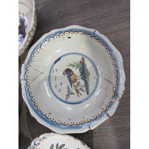 7051 - Five late 18th/early 19th Century French Faience bowls decorated with Bird, Pear, House, Oriental Fi... 