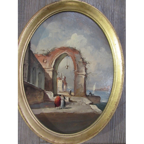 7059 - WITHDRAWN: A hand-painted oval Italian fishing port scene, with archway, oil on board, 23cm x 17cm