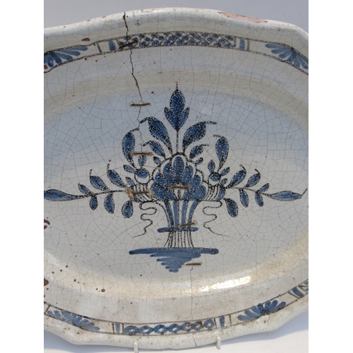 7065 - Three 19th Century French Faience serving plates with black bottoms all with cracks and chips, two s... 