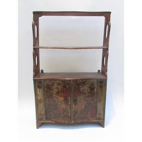 7067 - A Georgian painted wall hanging shelf with cupboard, chinoiserie decoration, 75cm x 46cm x 17cm