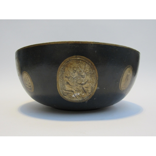 7069 - A papier mache bowl decorated with modern cameo style prints, 11.5 cm x 26.5 cm diameter