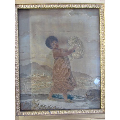 7070 - Two Georgian silk works one depicting child walking along the coast holding her dog in the air (the ... 