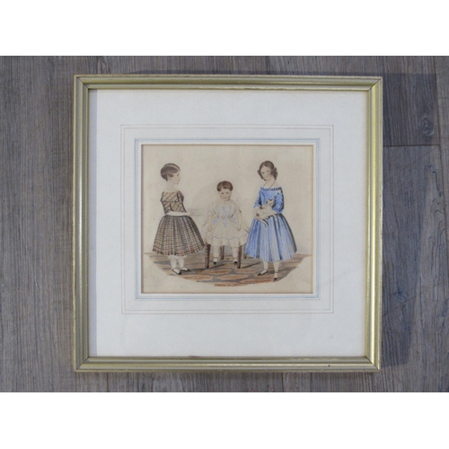 7071 - A 19th Century family portrait of three smartly dressed girls, one holding a cat, unsigned, watercol... 