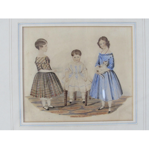 7071 - A 19th Century family portrait of three smartly dressed girls, one holding a cat, unsigned, watercol... 